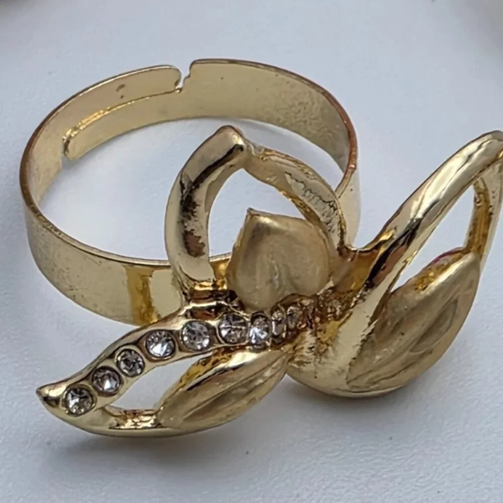 Matte Gold Tone Crystal Floral Bib Necklace Bangle Earrings Ring Set - Picture 8 of 10
